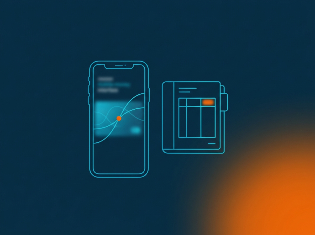 An abstract mobile-money interface shape on a phone screen next to a small ledger or notebook.